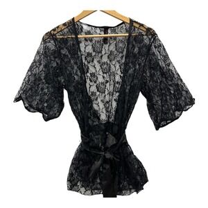 Dream‎ girl Womens Black Lace Robe Unconventional Sheer Lace Jacket Satin Belt